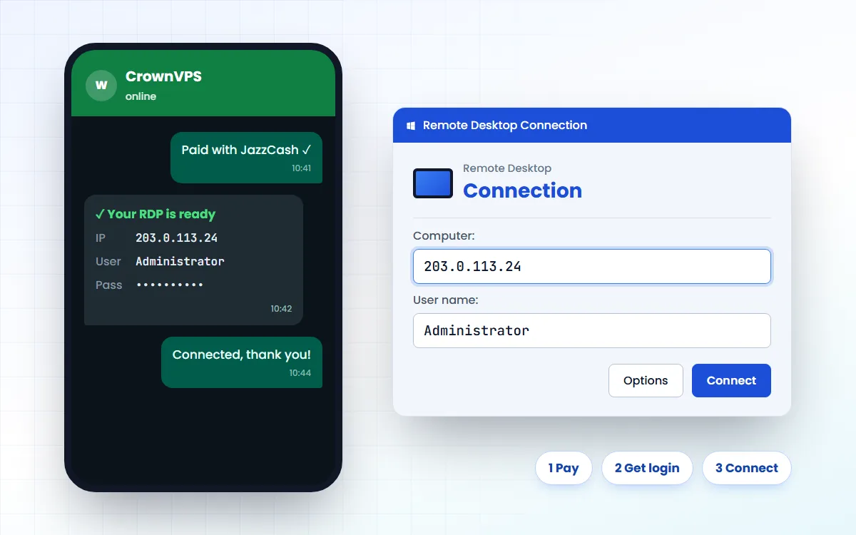 Buy Colorado RDP with JazzCash Buy Colorado RDP in Pakistan with JazzCash: payment message and the RDP login details (IP, username, password)