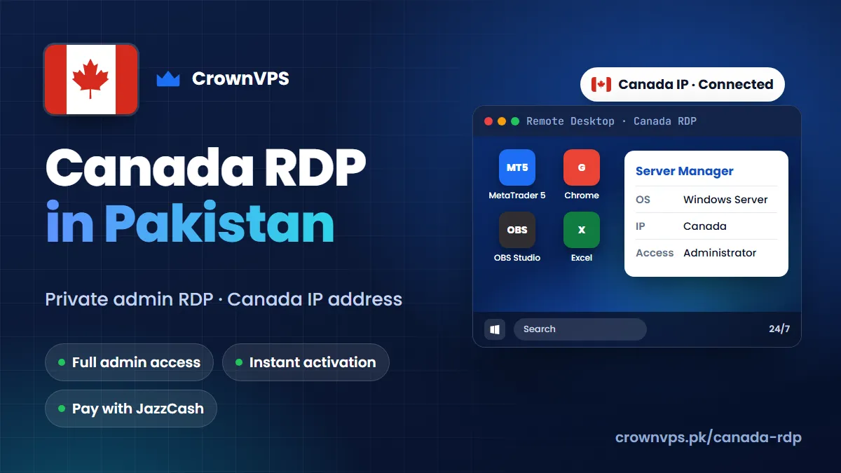 Canada RDP in Pakistan: buy private admin RDP with a Canada IP address from CrownVPS