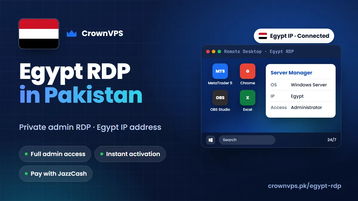 Egypt RDP in Pakistan: buy private admin RDP with a Egypt IP address from CrownVPS