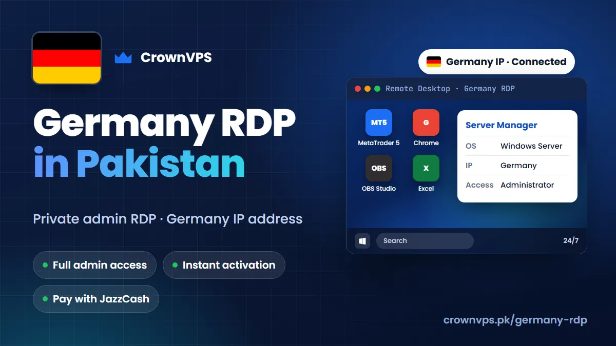 Germany RDP in Pakistan: buy private admin RDP with a Germany IP address from CrownVPS