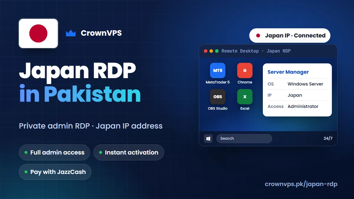 Tokyo RDP in Pakistan: buy private admin RDP with a Japan IP address from CrownVPS