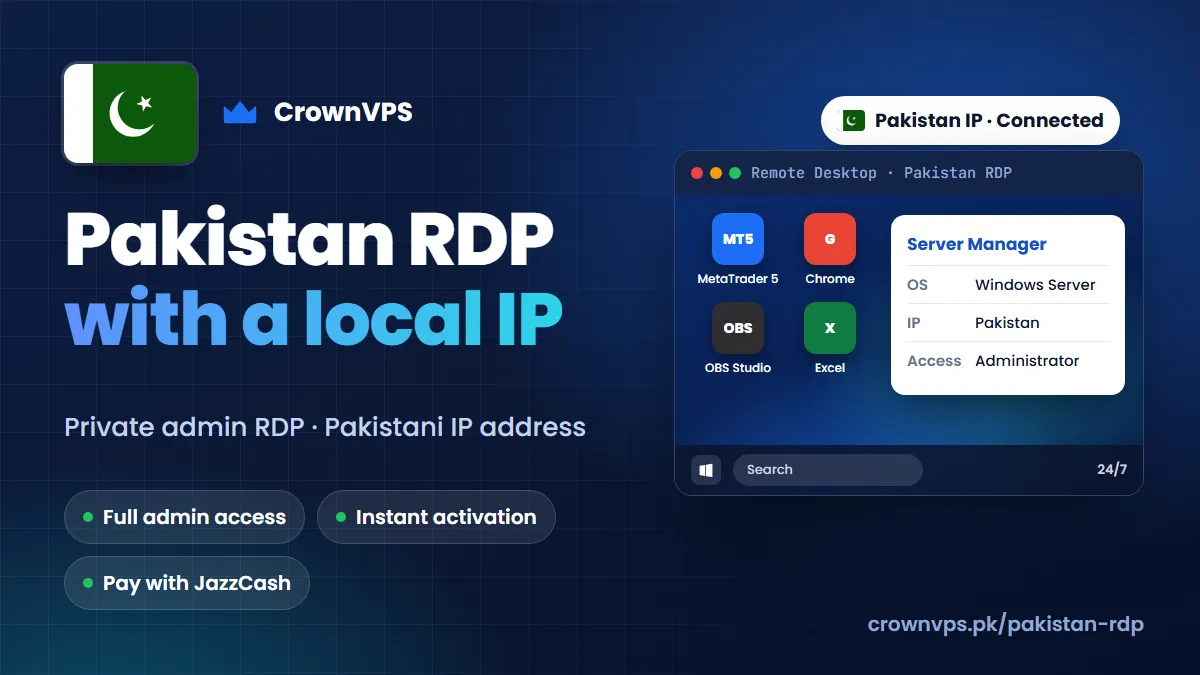 Karachi RDP in Pakistan: buy private admin RDP with a Pakistan IP address from CrownVPS