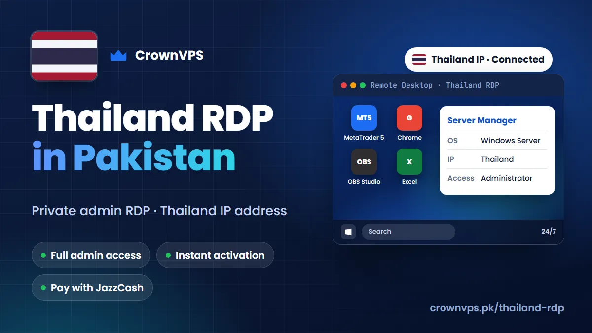 Thailand RDP in Pakistan: buy private admin RDP with a Thailand IP address from CrownVPS