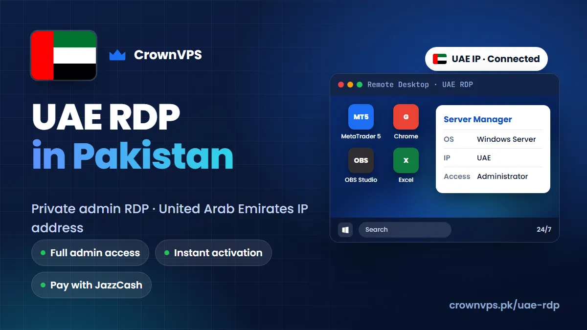 UAE RDP in Pakistan: buy private admin RDP with a UAE IP address from CrownVPS