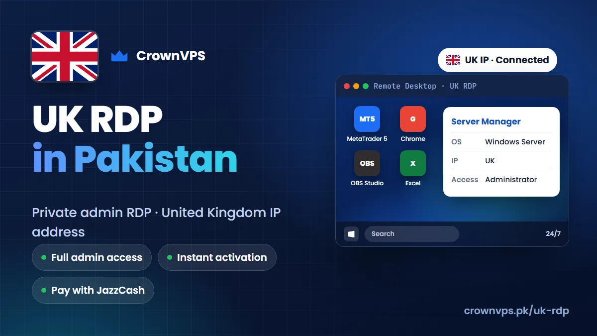 UK RDP in Pakistan: buy private admin RDP with a UK IP address from CrownVPS