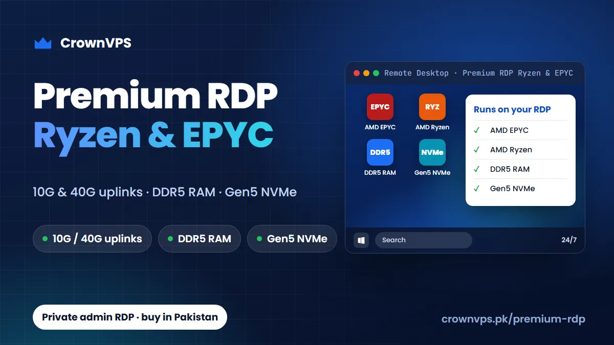 Premium RDP on AMD Ryzen and EPYC Genoa — private admin RDP in Pakistan from CrownVPS