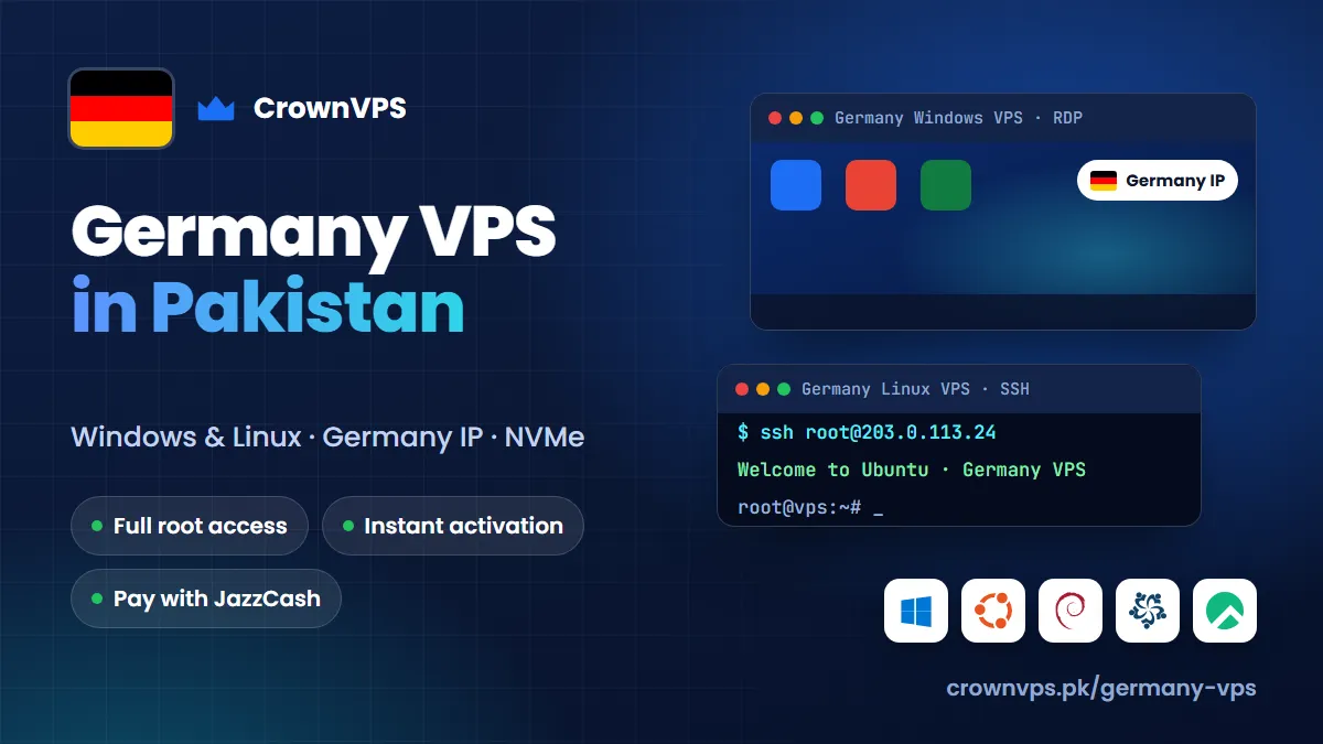 Germany VPS in Pakistan from CrownVPS: Windows VPS or Linux VPS with a Germany IP, NVMe storage and full root access