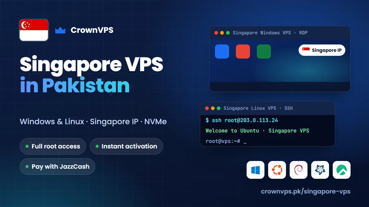 Singapore VPS in Pakistan from CrownVPS: Windows VPS or Linux VPS with a Singapore IP, NVMe storage and full root access