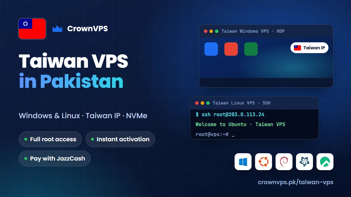 Taipei VPS in Pakistan from CrownVPS: Windows VPS or Linux VPS with a Taiwan IP, NVMe storage and full root access