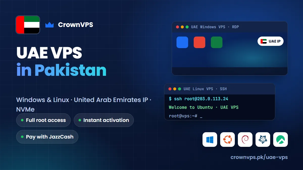UAE VPS in Pakistan from CrownVPS: Windows VPS or Linux VPS with a UAE IP, NVMe storage and full root access