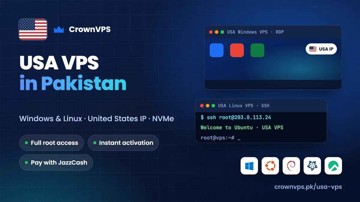 USA VPS in Pakistan from CrownVPS: Windows VPS or Linux VPS with a USA IP, NVMe storage and full root access