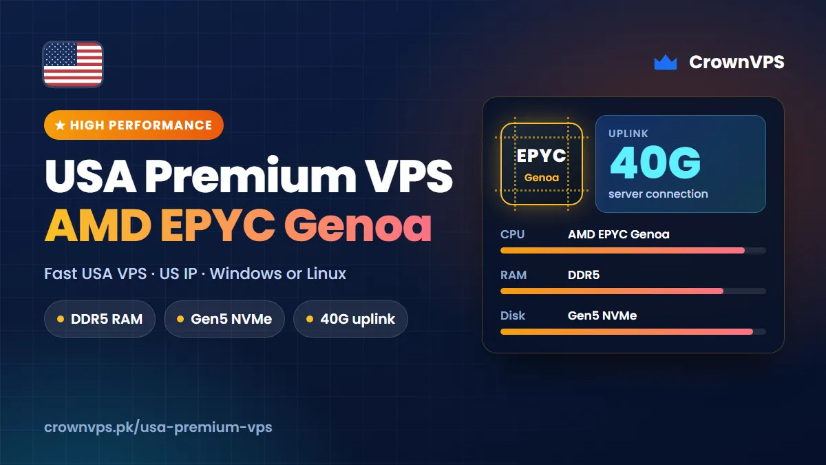 USA Premium VPS — AMD EPYC Genoa USA premium VPS from CrownVPS on AMD EPYC Genoa processors with DDR5 memory, Gen5 NVMe storage and a 40G uplink