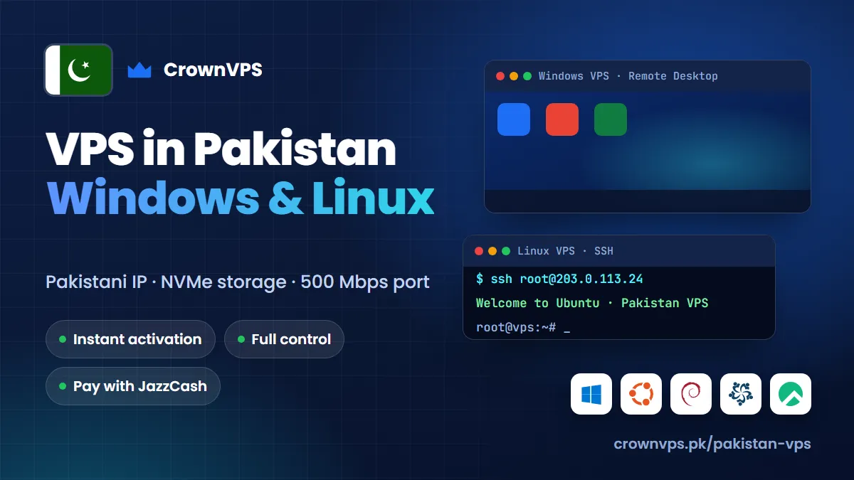 VPS in Pakistan from CrownVPS: Windows VPS or Linux VPS with a Pakistani IP, NVMe storage and a 500 Mbps port