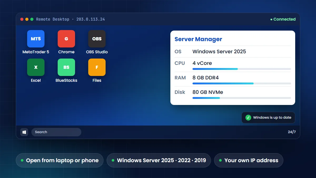 A CrownVPS Windows VPS open in Remote Desktop, showing Windows Server 2025 with MetaTrader 5, Chrome and OBS Studio